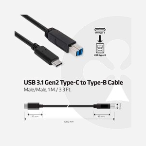 CLUB3D Câble USB 3.1 Gen2 Type-C vers Type-B Mâle/Mâle 1m - CAC-1524 - Noir - Compatible tous systèmes d'exploitation, Certifié CE, FCC, RoHS - Miniature 3