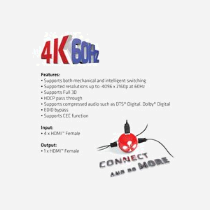 CLUB3D SwitchBox HDMI 2.0a UHD 4 Ports, 4K 60Hz, Boîtier Métal Noir, Télécommande, HDCP, Compatible Windows 10/macOS, CSV-1370 - Miniature 5
