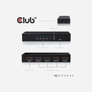 CLUB3D CSV-1380 : Splitter HDMI 4K UHD 60Hz - 1 Entrée / 4 Sorties HDMI 2.0a - Boîtier Métal Noir - Alimentation Externe 5V/2A - Miniature 3