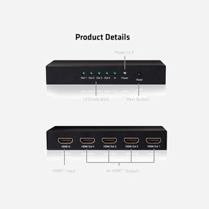 CLUB3D CSV-1380 : Splitter HDMI 4K UHD 60Hz - 1 Entrée / 4 Sorties HDMI 2.0a - Boîtier Métal Noir - Alimentation Externe 5V/2A - Miniature 5