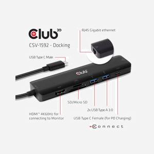 CLUB3D CSV-1592: Station d'accueil USB 3.2 Gen 1 Type-C, HDMI 2.0 (4K Ultra HD), Ethernet Gigabit, Lecteur Cartes SD/MicroSD, Power Delivery 100W, compatible Windows/macOS/Linux - Miniature 5