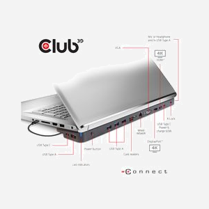 CLUB3D CSV-1564W100 Station d'accueil USB 3.2 Gen 1 Type-C Noir - 2x USB 2.0, HDMI, VGA, DisplayPort, Ethernet, Lecteur de cartes, Audio - Miniature 3