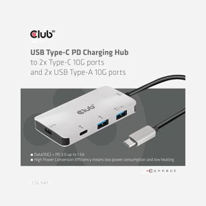 CLUB3D CSV-1543 Station d'accueil USB 3.2 Gen 2 Type-C, 2x USB-A + 2x USB-C, USB Power Delivery 3.0 jusqu'à 100W, 85x45x12mm - Miniature 3