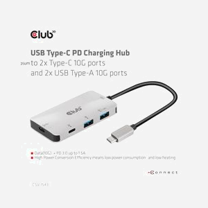 CLUB3D CSV-1543 Station d'accueil USB 3.2 Gen 2 Type-C, 2x USB-A + 2x USB-C, USB Power Delivery 3.0 jusqu'à 100W, 85x45x12mm - Miniature 4