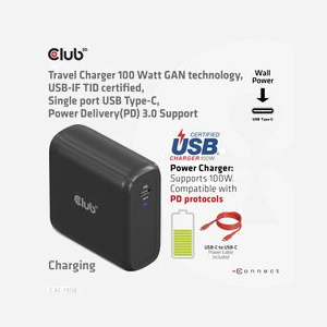 CLUB3D CAC-1908 Chargeur USB-C 100W Power Delivery pour Gaming, Ordinateur Portable, Smartphone, Noir, Protection Surtension/Surintensité, Câble USB-C inclus - Miniature 4
