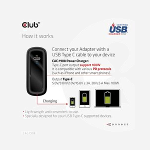 CLUB3D CAC-1908 Chargeur USB-C 100W Power Delivery pour Gaming, Ordinateur Portable, Smartphone, Noir, Protection Surtension/Surintensité, Câble USB-C inclus - Miniature 5