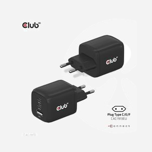 CLUB3D CAC-1913 Chargeur Secteur 65W GaN - 2x USB Type-C + 1x USB Type-A, Power Delivery 3.0, PPS, Compatible Android/iOS/Laptop, Câble USB-C inclus