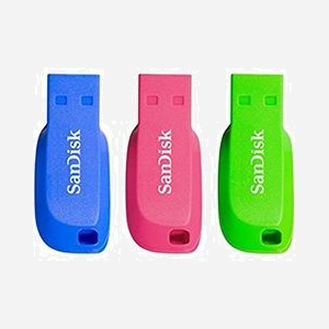 SanDisk Cruzer Blade - Lot de 3 Clés USB 16GB, USB Type-A 2.0, Coloris Assortis (Bleu, Vert, Rose) - Dimensions 17.6x41.5x7.4mm - Référence SDCZ50C-016G-B46T