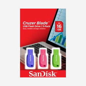 SanDisk Cruzer Blade - Lot de 3 Clés USB 16GB, USB Type-A 2.0, Coloris Assortis (Bleu, Vert, Rose) - Dimensions 17.6x41.5x7.4mm - Référence SDCZ50C-016G-B46T - Miniature 2
