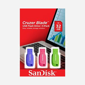 SanDisk Cruzer Blade - Lot de 3 clés USB 32GB USB 2.0 Type-A, 17.6x41.5x7.4mm, Bleu/Vert/Rose, Sans Capuchon