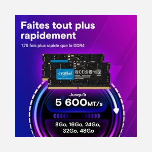 Crucial Mémoire SO-DIMM DDR5 64Go (1x64Go) 5600MHz CL46 1.1V, Unbuffered, avec On-Die ECC, PC Portable, Référence CT64G56C46S5 - Miniature 3