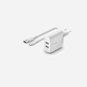 Belkin WCE001VF1MWH Chargeur Secteur USB-A Double Port 24W (2x12W) 4.8A Blanc avec Câble USB-A vers USB-C 1m, Compatible Universel