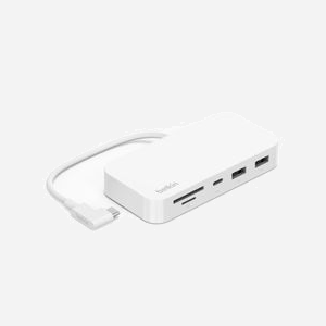 Belkin INC011BTWH Hub USB-C 3.2 Gen 1 avec 2x USB-A, 1x USB-C, RJ-45, Lecteur Cartes SD/MicroSD, Alimentation USB, Blanc - Miniature 1