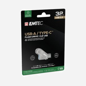 Emtec D280 Dual 32 Go USB Type-A/Type-C 3.2 Gen 1 Argent - Compatible Windows, macOS, Linux - Format Pivotant - ECMMD32GD283 - Miniature 3