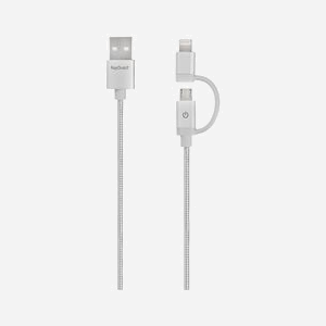 KeyOuest KO016008 : Câble USB 2.0 A vers Micro-USB B/Lightning Mâle/Mâle, Argent, 1,2m, 2.4A, Plug and Play, Blister - Miniature 1