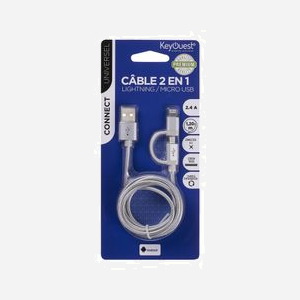 KeyOuest KO016008 : Câble USB 2.0 A vers Micro-USB B/Lightning Mâle/Mâle, Argent, 1,2m, 2.4A, Plug and Play, Blister - Miniature 2