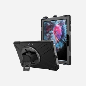 DLH Étui Renforcé Anti-chocs Noir pour Microsoft Surface Go 2 / Go 3 avec Poignée Rotative, Bandoulière & Pied Support, 2 Positions, 260g, DY-RC4434
