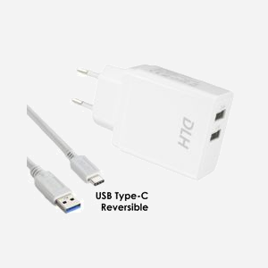 DLH Chargeur Secteur 2 Ports USB 2.0 12W avec Câble USB-C, Sortie 2.4A, Compatibilité Téléphone, Smartphone, Tablette, Blanc, Longueur 1m, Certifié CE