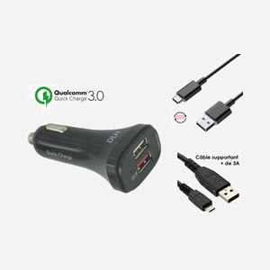 DLH Chargeur Auto USB-A Quick Charge 3.0 20W, 2 Ports USB (1x QC 3.0, 1x 2.4A), Câbles USB-C & Micro-USB Inclus, 12/24V, RoHS, CE - Miniature 3