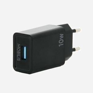 Mobilis 001360 Chargeur Secteur Universel Noir 10.5W, 1 port USB 3.2 Gen 1 Type-A, Douille Type C (Europlug), 82x35x23mm, 38g