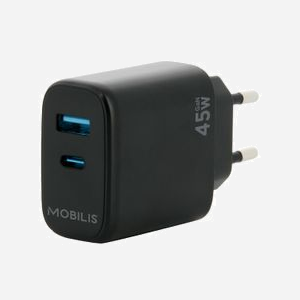Mobilis 001363 Chargeur Universel Secteur Auto Noir - 1x USB-A 3.2 Gen 1 + 1x Micro-USB 45W (Port 1) + 18W (Port 2) - 2 Appareils Simult.