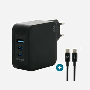 Mobilis Chargeur Secteur 100W GaN - 2 USB-C, 1 USB-A 3.2 Gen 1 - Noir - Compatible Ordinateur Portable, Smartphone, Tablette - 001365
