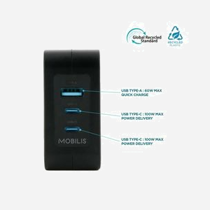 Mobilis Chargeur Secteur 100W GaN - 2 USB-C, 1 USB-A 3.2 Gen 1 - Noir - Compatible Ordinateur Portable, Smartphone, Tablette - 001365 - Miniature 3