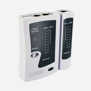 Testeur de câble réseau Schwaiger NWM1-531 RJ-11 RJ-45 avec voyants, alimentation 9V, dimensions 105x29x100mm, noir/blanc