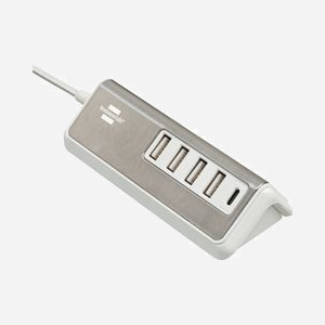 Brennenstuhl 1508230 Chargeur Secteur Universel 4 USB-A 3.2 Gen 1 + 1 USB-C 20W, Acier Inoxydable/Blanc, Câble 1.5m, 4.2A, Intérieur