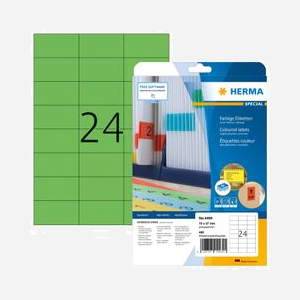 HERMA 4469 Étiquettes A4 Vert, 7x3.7cm, Papier Adhésif Amovible Mat, Laser/Jet d'encre, 24 étiquettes/feuille, 480 étiquettes/paquet, FSC Mix