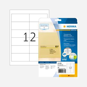 HERMA 4682 Étiquettes Laser A4 Transparent Mat, Adhésif Permanent, 97x42.3mm, 300 étiquettes (25 feuilles), Résistantes intempéries/eau, -30°C/+80°C - Miniature 1