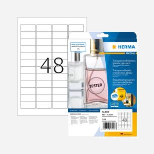 HERMA 8016 Étiquettes Laser Transparentes A4, Adhésif Permanent Gloss, 4.57x2.12cm, 1200 étiquettes (25 feuilles x 48), Résistantes Intempéries - Miniature 1