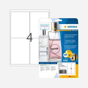 HERMA 8019 Étiquettes A4 Transparentes Laser - 99.1x139mm - Adhésif Permanent Gloss - 100 Étiquettes (25 Feuilles) - Résistant Intempéries
