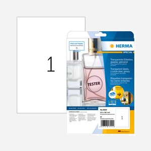 HERMA 8020 Étiquettes A4 Transparentes Laser, Adhésif Permanent Gloss, 21x29,7cm, 25 Feuilles, Résistant Intempéries