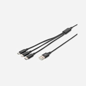 Digitus Câble de Charge 3-en-1 AK-300160-010-S, USB-A vers USB-C/Micro-USB/8-pin, 1m, 5V/2A, Tresse Nylon, AWG30, Nickel, Noir