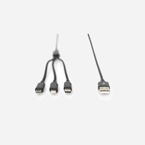Digitus Câble de Charge 3-en-1 AK-300160-010-S, USB-A vers USB-C/Micro-USB/8-pin, 1m, 5V/2A, Tresse Nylon, AWG30, Nickel, Noir - Miniature 3