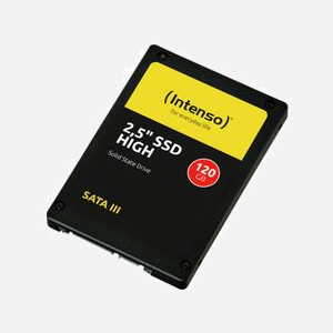 SSD Intenso High 120Go 2.5" SATA III TLC - Lecture 520 Mo/s, Écriture 480 Mo/s, IOPS 133K/122K, MTBF 2M h, Compatible PC - Miniature 3