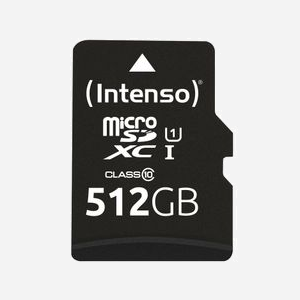 Intenso MicroSD 512Go UHS-I Classe 10 U1 Noire, Résistante aux chocs/température/eau/rayons X avec adaptateur SD - Dimensions 15x11x1mm