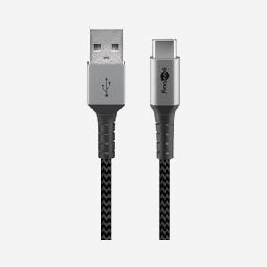 Câble Goobay 49296 USB 2.0, 1m, USB-C vers USB-A, 480 Mbit/s, Gaine textile, Noir/Gris - Connecteurs mâles droit, Ø 3.3mm
