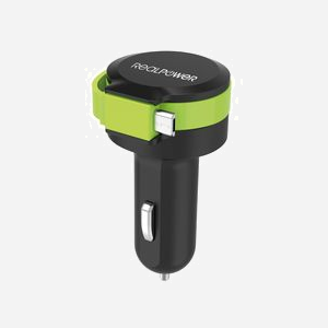 RealPower 257635 Chargeur Auto Universel 1 Port USB 2.0, 5V/4.8A, Entrée 12-24V, Câble Intégré 0.58m, Noir/Vert. - Miniature 3