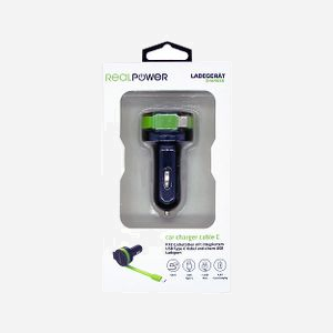 RealPower 257636 Chargeur Auto Universel Allume-cigare 1x USB 2.0 5V/2.4A Câble 0.58m Noir/Vert, Entrée 12-24V, 73x38x38mm, 34g - Miniature 4