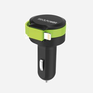 RealPower 257637 Chargeur Auto Universel 1 Port USB 2.0 5V/4.8A (2.4A/Port) Allume-cigare 12-24V Câble Lightning 0.58m Noir/Vert - Miniature 3