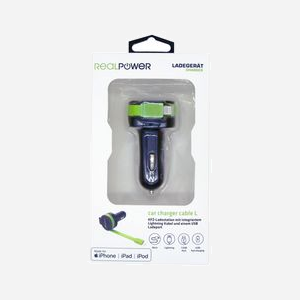 RealPower 257637 Chargeur Auto Universel 1 Port USB 2.0 5V/4.8A (2.4A/Port) Allume-cigare 12-24V Câble Lightning 0.58m Noir/Vert - Miniature 4