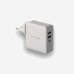 RealPower DeskCharge-65 Travel Chargeur Secteur Universel 65W Gris - 2x USB 3.2 Gen 1 Type-A, 1x USB Type-C, 9-20V, Fiches EU/UK/US incluses