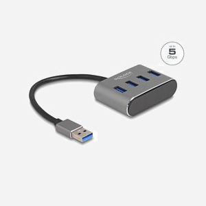 DeLOCK Hub USB 3.2 Gen 1 Type-A, 4 Ports Type-A 5 Gbps, Boîtier Métal, LED, Câble 0.2m, Compatible Windows/macOS/ChromeOS, 41x62x18mm
