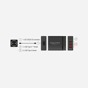 DeLOCK 63974 Chargeur Secteur Universel 60W, 1 Port USB Type-C, 3 Ports USB 2.0, 5-20V, Protection Surtension/Surchauffe/Court-circuit, Câble 1.2m - Miniature 4