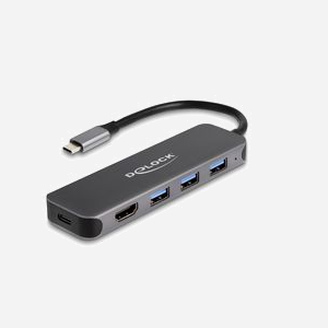 DeLOCK Hub USB-C 3.2 Gen 1 (3.1 Gen 1) 3 Ports Type-A + HDMI 4K 30Hz, USB-PD 3.0 85W, Compatible Windows/Linux/Android, Gris, Réf. 64171