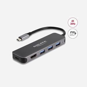 DeLOCK Hub USB-C 3.2 Gen 1 (3.1 Gen 1) 3 Ports Type-A + HDMI 4K 30Hz, USB-PD 3.0 85W, Compatible Windows/Linux/Android, Gris, Réf. 64171 - Miniature 2