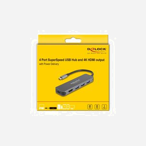 DeLOCK Hub USB-C 3.2 Gen 1 (3.1 Gen 1) 3 Ports Type-A + HDMI 4K 30Hz, USB-PD 3.0 85W, Compatible Windows/Linux/Android, Gris, Réf. 64171 - Miniature 4