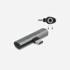 DeLOCK Adaptateur USB Type-C vers USB Type-C PD 60W + Jack 3.5mm Gris - Connecteurs USB-C Femelle/Mâle, 50x16x9mm - Ref: 64186